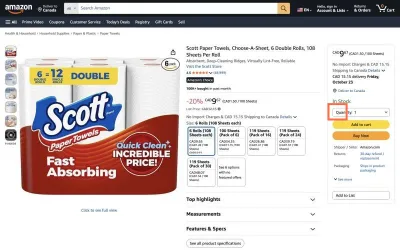 amazon.com at desktop size, the frame on what this finding is about: The visible quantity control is a decoy; the real select is invisible and 33 px wide.