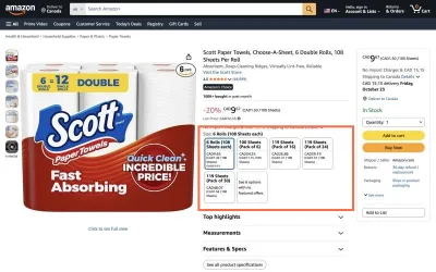 amazon.com at desktop size, the frame on what this finding is about: Size tiles mix rolls, sheets and packs, and print the unit price at 10px.