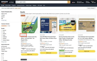 amazon.com at desktop size, the frame on what this finding is about: The first row of results is all ads, labelled in 11px type.