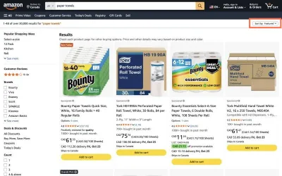 amazon.com at desktop size, the frame on what this finding is about: Cards show a unit price, but sort and filters cannot use it.