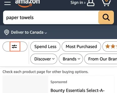 amazon.com at phone size, the frame on what this finding is about: On the phone, Sort by is the last item in an icon-only Filters sheet.