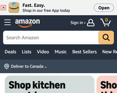 amazon.com at phone size, the frame on what this finding is about: The phone app banner is on every page, and its close mark is 7px.
