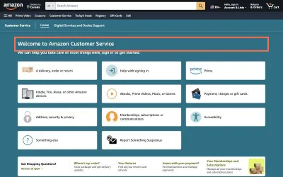 amazon.com at desktop size, the frame on what this finding is about: ‘Help & Contact Us’ offers no contact route when signed out.