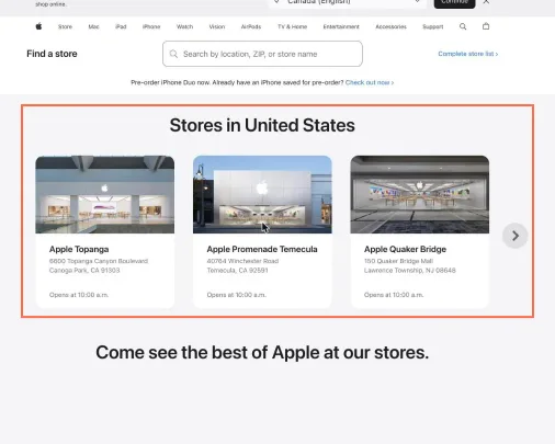 apple.com at desktop size, the frame on what this finding is about: Find a Store opens on three US stores for a visitor in Toronto.