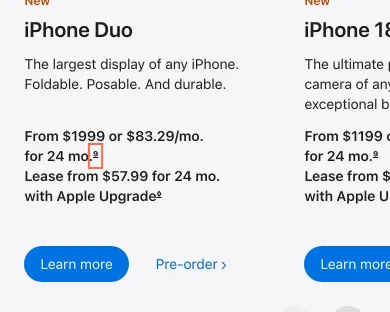 apple.com at phone size, the frame on what this finding is about: iPhone prices carry two or three payment schemes, with tiny footnote links.