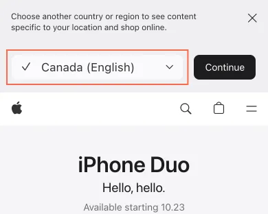 apple.com at phone size, the frame on what this finding is about: The country banner ticks Canada over prices that show no currency code.
