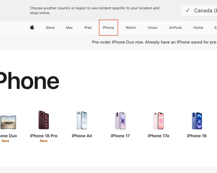 apple.com at desktop size, the frame on what this finding is about: The top navigation does not show which section you are in.