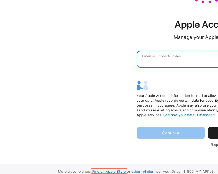 apple.com at desktop size, the frame on what this finding is about: The Apple Account sign-in page turns off pinch zoom.