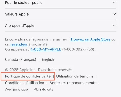 apple.com at phone size, the frame on what this finding is about: Footer legal links on the French pages are 16 px tall and touching.