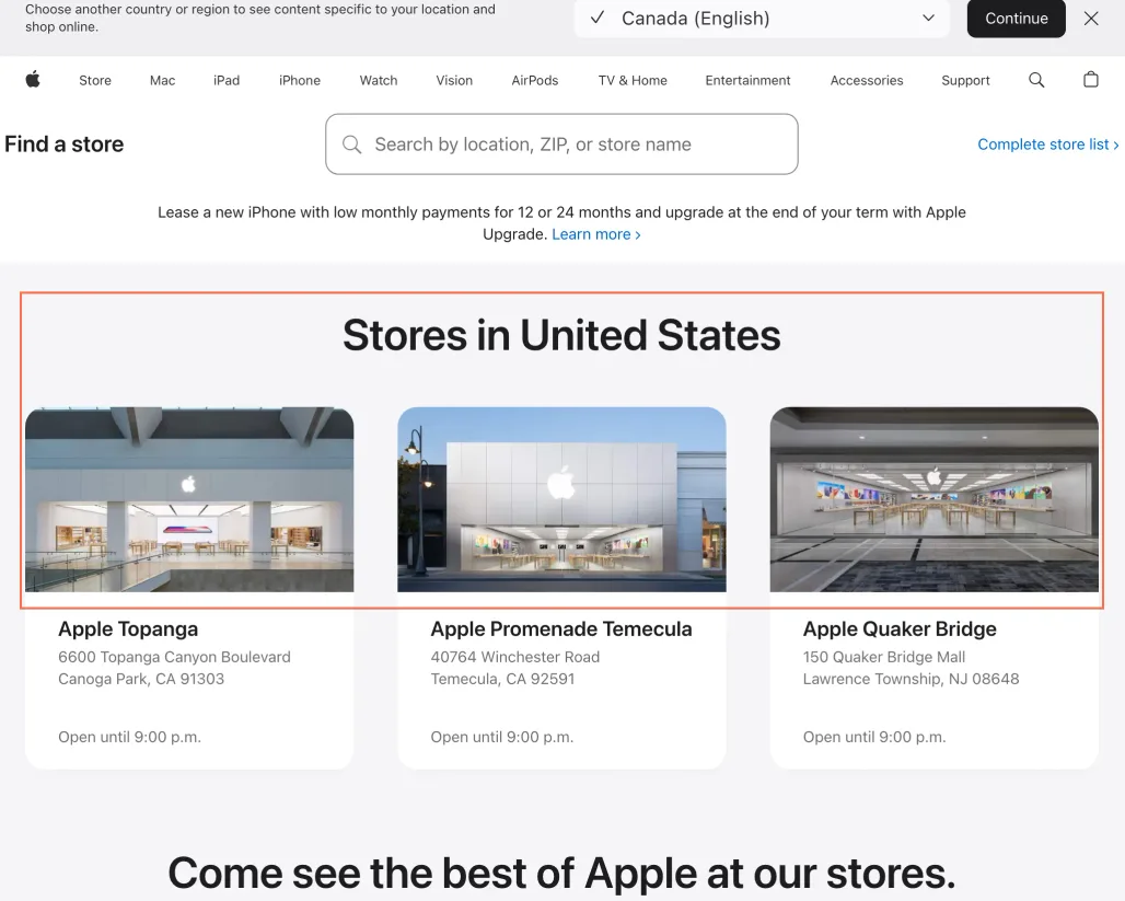 apple.com at desktop size, the frame on what this finding is about: Find a Store opens on US stores for a visitor in Toronto.