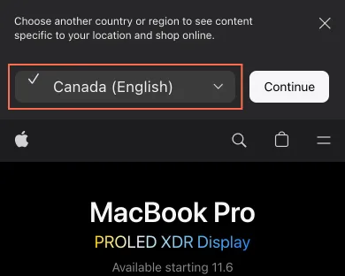 apple.com at phone size, the frame on what this finding is about: The country banner ticks Canada over US prices with no currency code.