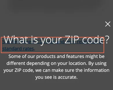 chase.com at phone size, the frame on what this finding is about: The ZIP code prompt is not exposed as a dialog, and a page link paints over it.