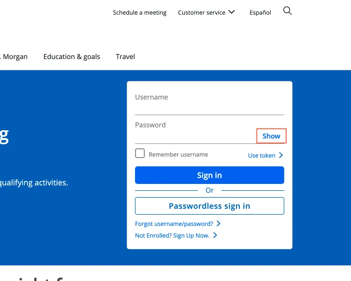 chase.com at desktop size, the frame on what this finding is about: The sign-in box's Show password button is 21 px tall at desktop size.