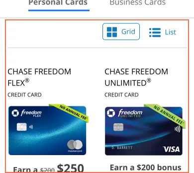 chase.com at phone size, the frame on what this finding is about: On narrow screens the card list opens in Grid view, without APR or annual fee.
