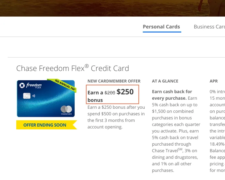 chase.com at desktop size, the frame on what this finding is about: Screen readers hear 'Strike through' between old and new offers on the card list.