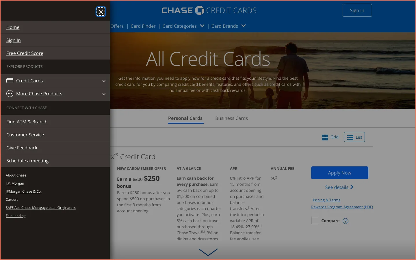 chase.com at desktop size, the frame on what this finding is about: Escape does not close the credit cards side menu.