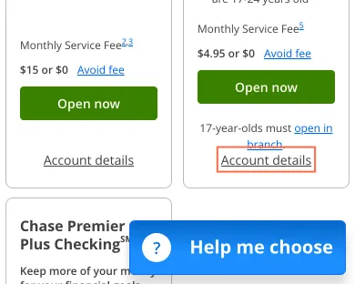 chase.com at phone size, the frame on what this finding is about: The 'Account details' links on Checking accounts are 19 px tall on a phone.