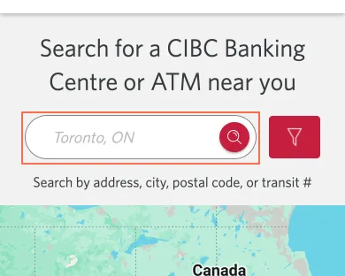 CIBC at phone size, the frame on what this finding is about: The branch locator's search box is named 'home.search.ariaLabel'.