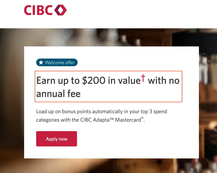 CIBC at desktop size, the frame on what this finding is about: The Adapta Mastercard offer page has no h1.