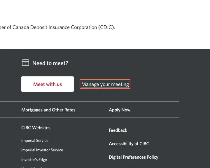 CIBC at desktop size, the frame on what this finding is about: The footer's 'Manage your meeting' link opens a new tab with no cue.
