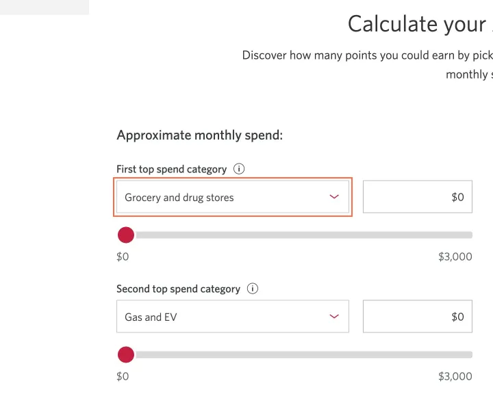 CIBC at desktop size, the frame on what this finding is about: The points calculator's 3 lists and 5 sliders on the Adapta Mastercard page have no name.