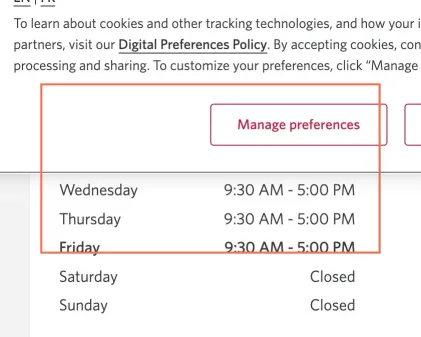 CIBC at tablet size, the frame on what this finding is about: The hours table on the Harwood branch page has code keys for column headers.