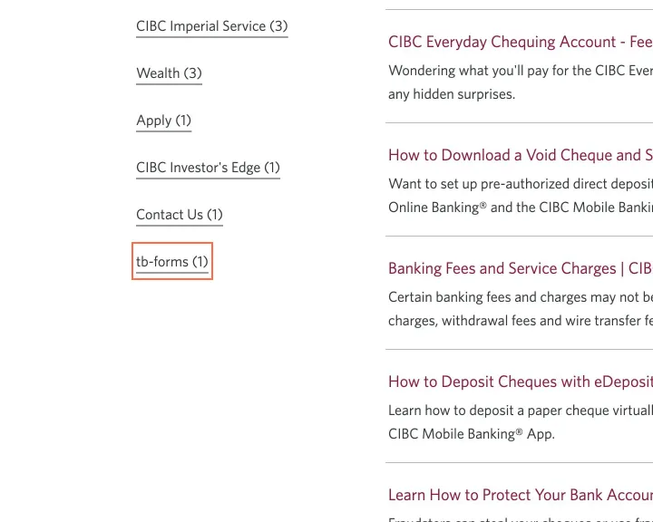 CIBC at desktop size, the frame on what this finding is about: A filter on the Search Results page is labelled 'tb-forms'.