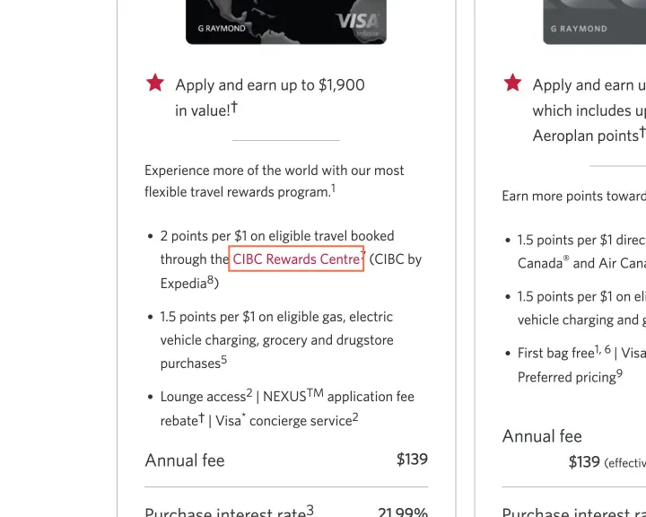 CIBC at desktop size, the frame on what this finding is about: 11 links on the All Cards page are named only 'Opens a new window'.