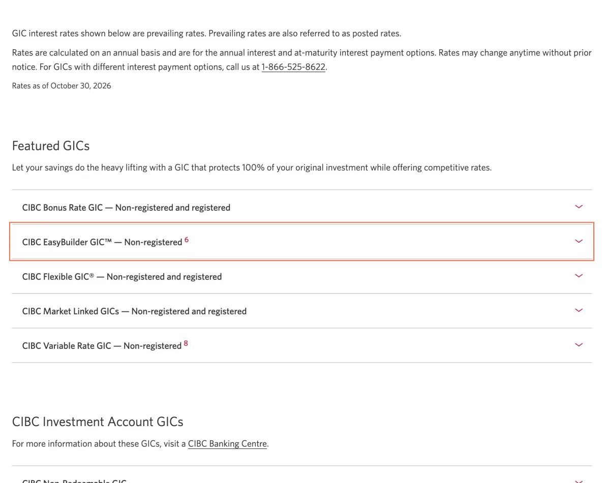 CIBC at desktop size, the frame on what this finding is about: 13 accordion buttons on the GIC rates page hold a footnote link.