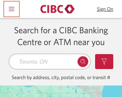 CIBC at phone size, the frame on what this finding is about: The locator's phone menu button has no name.