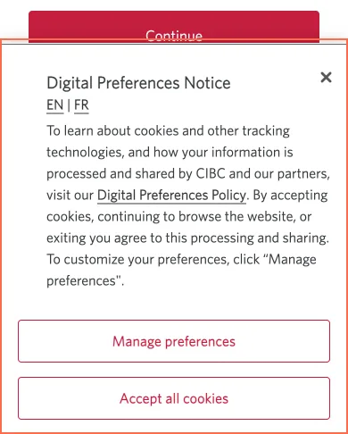 CIBC at phone size, the frame on what this finding is about: On a phone the privacy notice covers Back and part of Continue on sign-on.