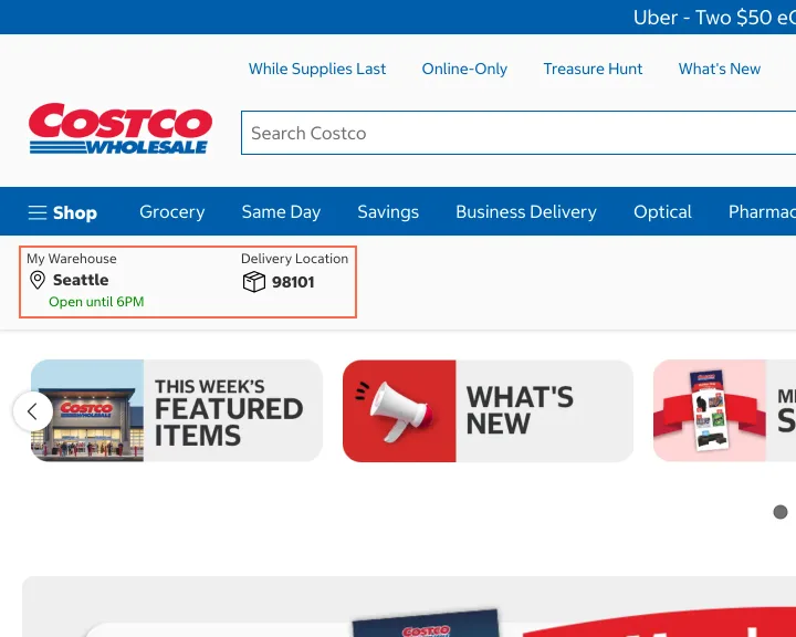 costco.com at desktop size, the frame on what this finding is about: Seen from Toronto, pages show a Seattle warehouse and ZIP 98101 the visitor never chose.