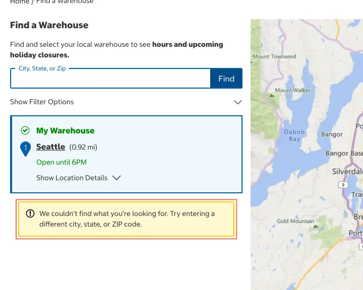 costco.com at desktop size, the frame on what this finding is about: Pressing Find with an empty field reports a failed search and clears the list.