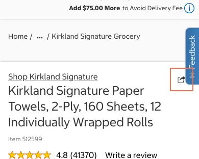 costco.com at phone size, the frame on what this finding is about: The fixed Feedback tab covers part of Share, Find and carousel buttons.
