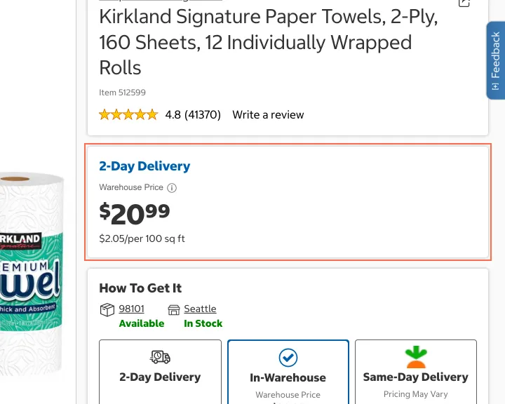costco.com at desktop size, the frame on what this finding is about: The price card stays titled ‘2-Day Delivery’ after In-Warehouse is chosen.