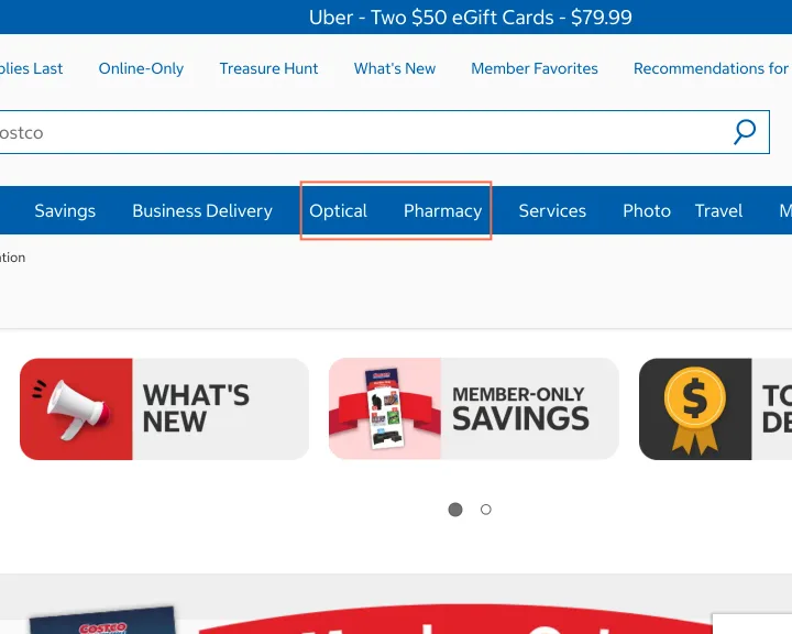 costco.com at desktop size, the frame on what this finding is about: Four main navigation links open a new tab with no warning.