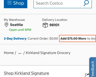 costco.com at phone size, the frame on what this finding is about: At 374px the delivery-fee line makes the product page scroll sideways.