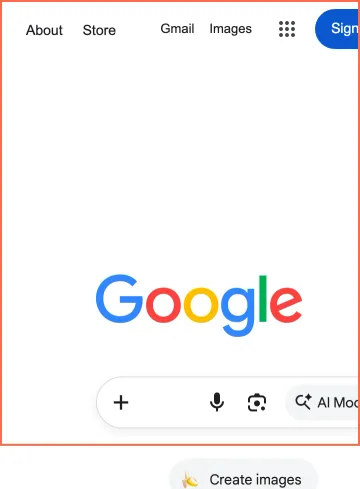 google.com at desktop size, the frame on what this finding is about: Zoomed to 400%, the desktop home page scrolls sideways and hides ‘Sign in’.