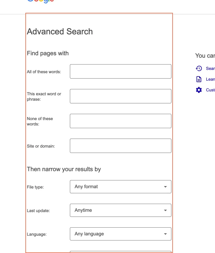 google.com at desktop size, the frame on what this finding is about: Advanced Search gives no example of what to type in its four boxes.