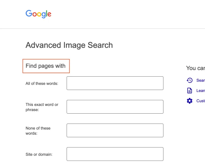 google.com at desktop size, the frame on what this finding is about: Advanced Image Search reuses the web page’s title, heading and wording.