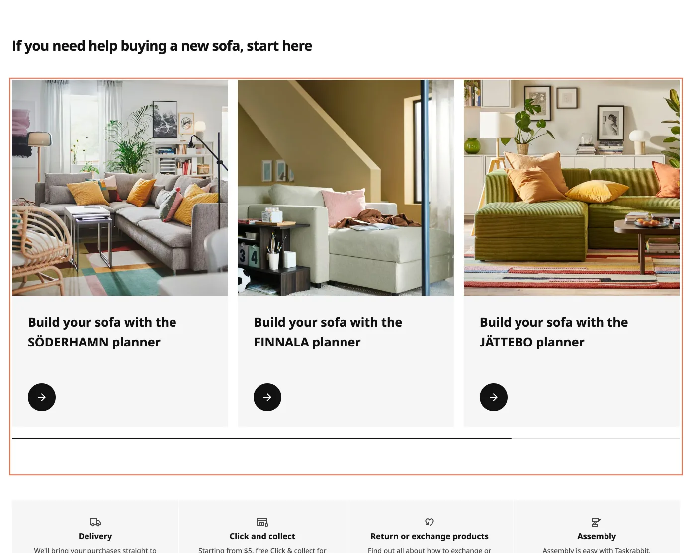 IKEA Canada at desktop size, the frame on what this finding is about: 4 planner links on the Sofas page are named 'Opens in a new tab or window'.