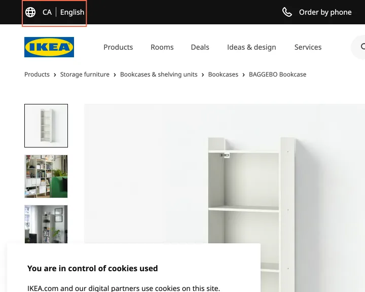 IKEA Canada at desktop size, the frame on what this finding is about: The language button and 'View in 3D' have names that leave out their visible words.