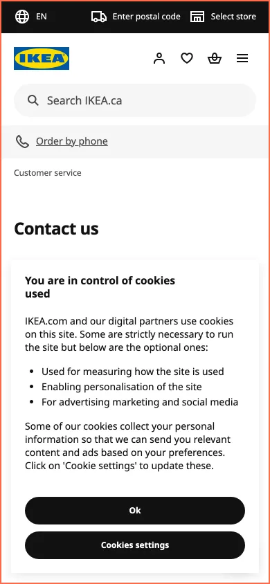 IKEA Canada at phone size, the frame on what this finding is about: Contact Us shows no phone number or email, and its contact options start 3,000 px down.
