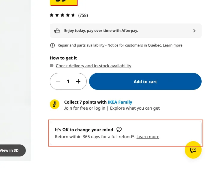 IKEA Canada at desktop size, the frame on what this finding is about: The product page's '365 days for a full refund' leaves the 90-day limit to a panel.