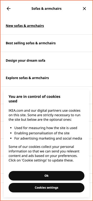 IKEA Canada at phone size, the frame on what this finding is about: The cookie notice takes 452 px of the 844 px phone screen and covers the open menu.