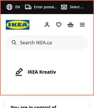 IKEA Canada at phone size, the frame on what this finding is about: The Home Design page is 368 px wide at 320 px and has no H1.