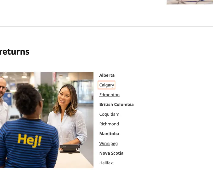 IKEA Canada at desktop size, the frame on what this finding is about: 15 city links on Exchanges & Returns open waitwhile.com in a new tab with no cue.