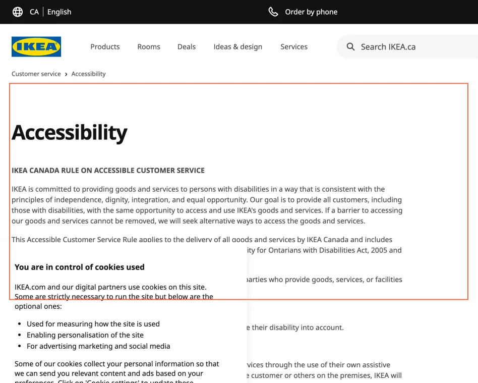 IKEA Canada at desktop size, the frame on what this finding is about: The Accessibility page covers customer service and says nothing about the website.