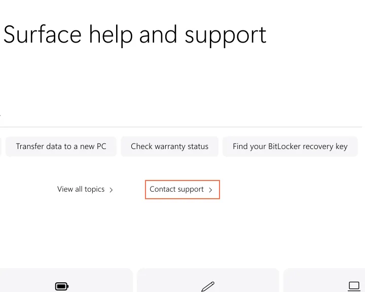 Microsoft at desktop size, the frame on what this finding is about: The Surface help page's 'Contact support' link is named 'View all topics'.