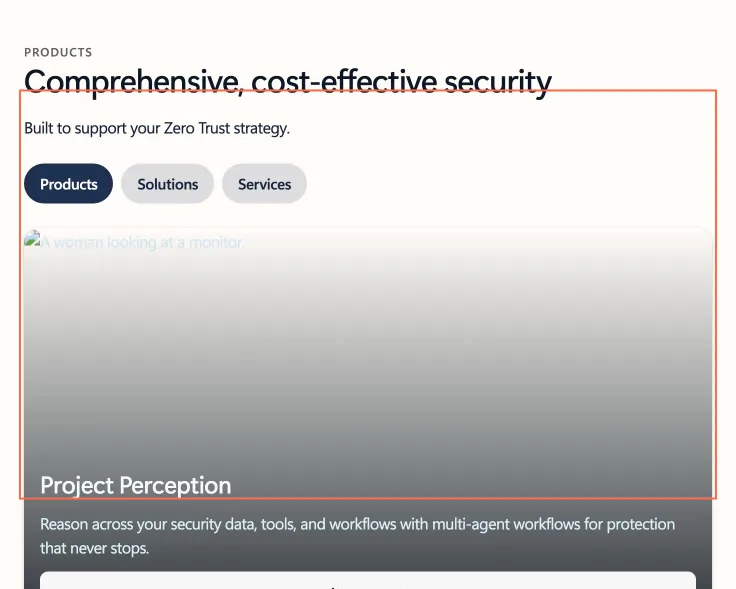 Microsoft at tablet size, the frame on what this finding is about: The Project Perception image doesn't load at 820 px on Microsoft Security.